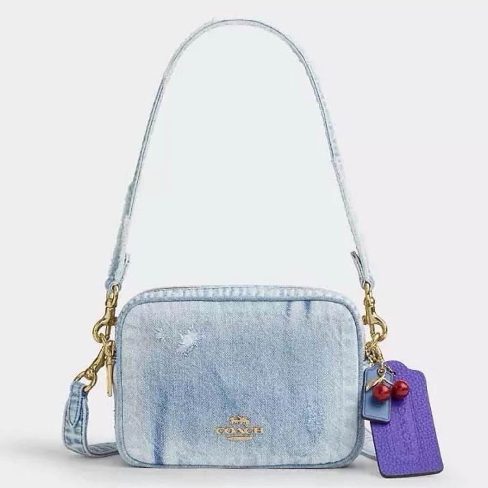 Coach Mini Carey Crossbody Bag Loved Denim & Leather w/ Charms Light Indigo NWT